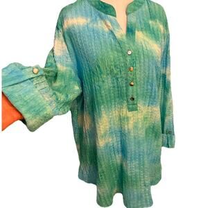 Womens XL Aqua Tie Dye Crinkle Tunic LONG Coverup Beach Roll Tab Sleeve Coastal